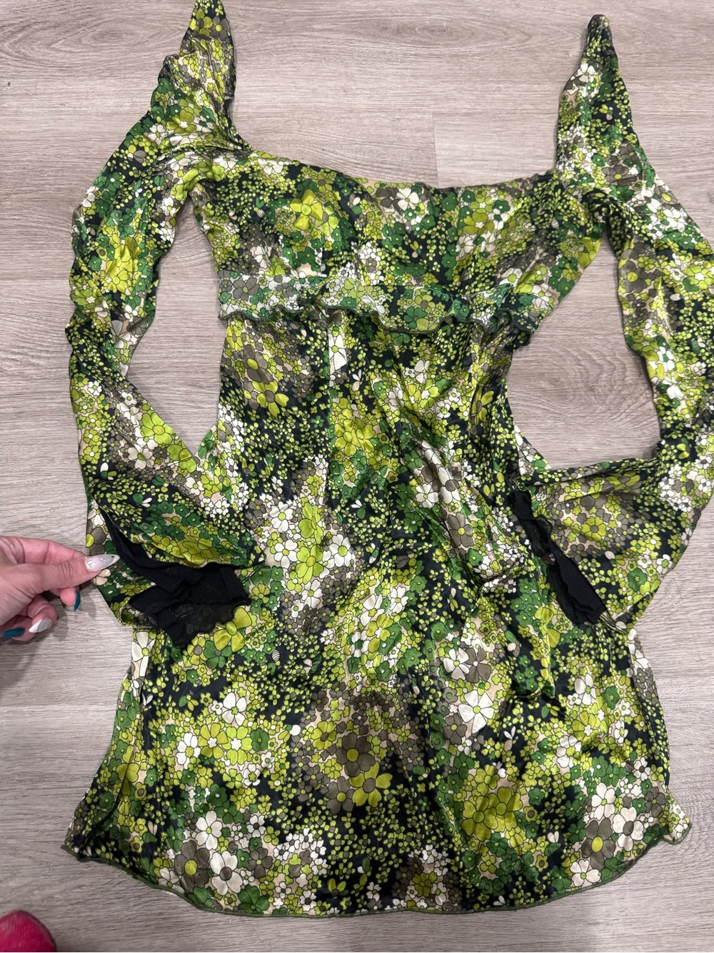 Miss Sixty Green Floral Long-Sleeve Off-Shoulder Dress